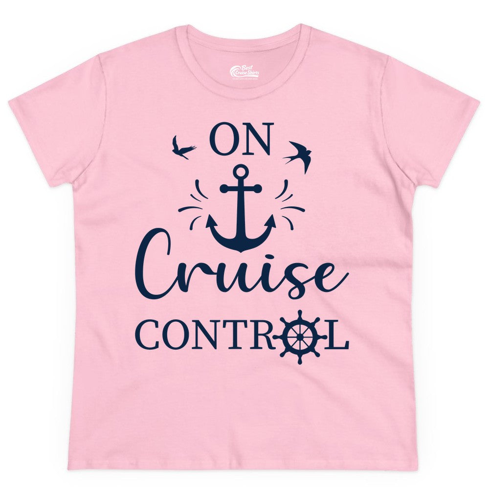On Cruise Control Shirt - Nautical Apparel for Cruise Vacation (Ladies Tee) in Light Pink - On Cruise Control Nautical Anchor and Birds Vacation Shirt Design