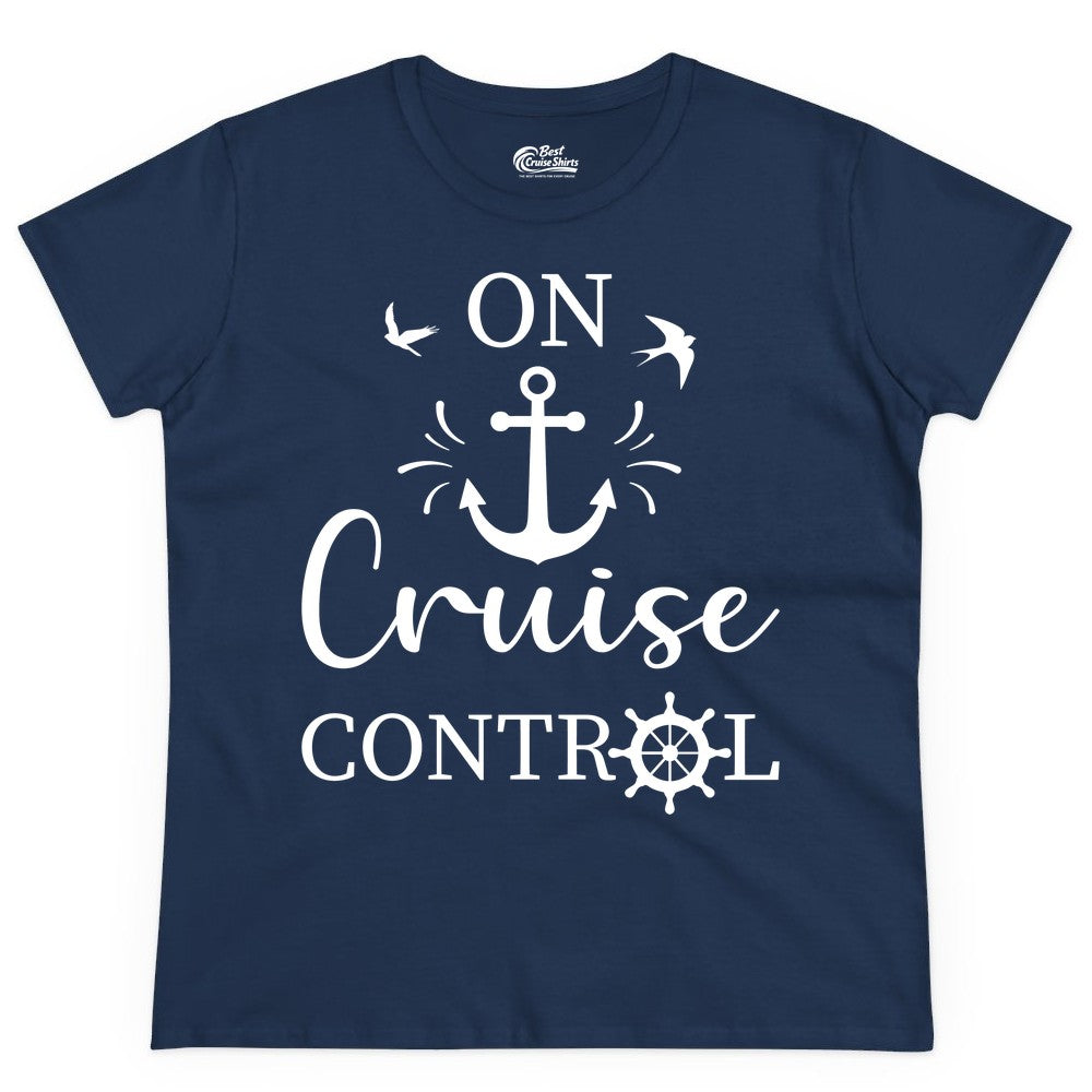 On Cruise Control Shirt - Nautical Apparel for Cruise Vacation (Ladies Tee) in Navy - On Cruise Control Nautical Anchor and Birds Vacation Shirt Design