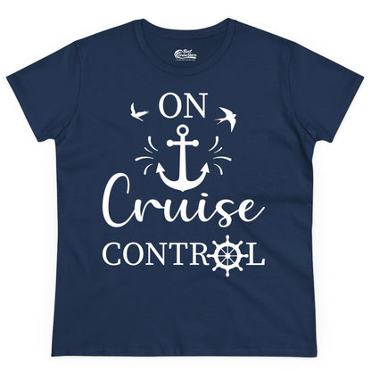 On Cruise Control Shirt - Nautical Apparel for Cruise Vacation (Ladies Tee) in Navy - On Cruise Control Nautical Anchor and Birds Vacation Shirt Design