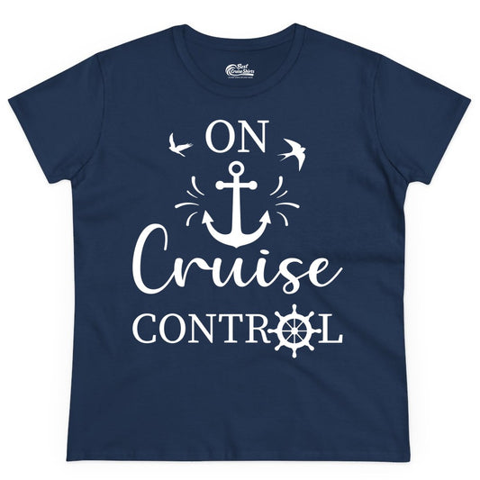 On Cruise Control Shirt - Nautical Apparel for Cruise Vacation (Ladies Tee) in Navy - On Cruise Control Nautical Anchor and Birds Vacation Shirt Design