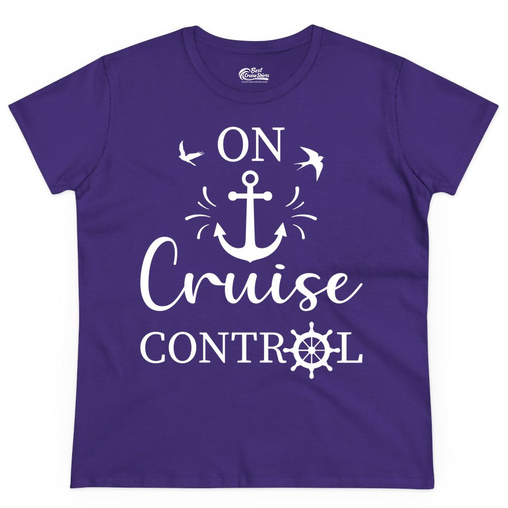 On Cruise Control Shirt - Nautical Apparel for Cruise Vacation (Ladies Tee) in Purple - On Cruise Control Nautical Anchor and Birds Vacation Shirt Design