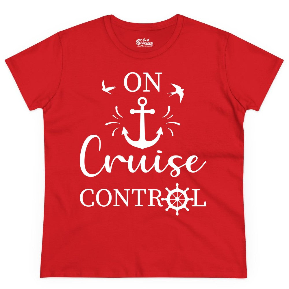 On Cruise Control Shirt - Nautical Apparel for Cruise Vacation (Ladies Tee) in Red - On Cruise Control Nautical Anchor and Birds Vacation Shirt Design