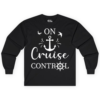 On Cruise Control Shirt - Nautical Apparel for Cruise Vacation (Long Sleeve) in Black - On Cruise Control Nautical Anchor and Birds Vacation Shirt Design