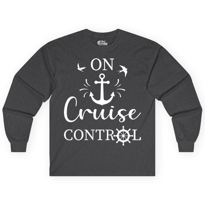 On Cruise Control Shirt - Nautical Apparel for Cruise Vacation (Long Sleeve) in Dark Heather - On Cruise Control Nautical Anchor and Birds Vacation Shirt Design