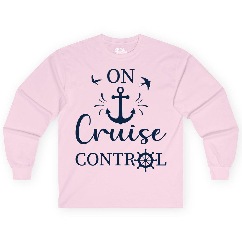 On Cruise Control Shirt - Nautical Apparel for Cruise Vacation (Long Sleeve) in Light Pink - On Cruise Control Nautical Anchor and Birds Vacation Shirt Design