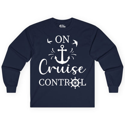 On Cruise Control Shirt - Nautical Apparel for Cruise Vacation (Long Sleeve) in Navy - On Cruise Control Nautical Anchor and Birds Vacation Shirt Design