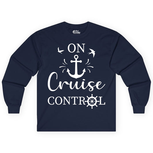 On Cruise Control Shirt - Nautical Apparel for Cruise Vacation (Long Sleeve) in Navy - On Cruise Control Nautical Anchor and Birds Vacation Shirt Design