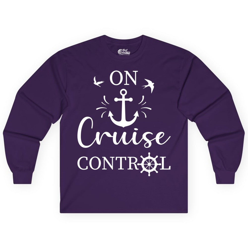 On Cruise Control Shirt - Nautical Apparel for Cruise Vacation (Long Sleeve) in Purple - On Cruise Control Nautical Anchor and Birds Vacation Shirt Design