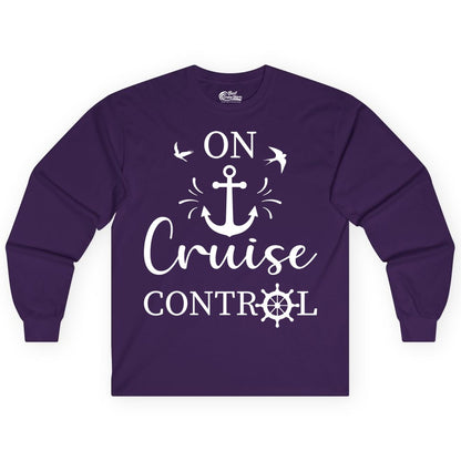 On Cruise Control Shirt - Nautical Apparel for Cruise Vacation (Long Sleeve) in Purple - On Cruise Control Nautical Anchor and Birds Vacation Shirt Design