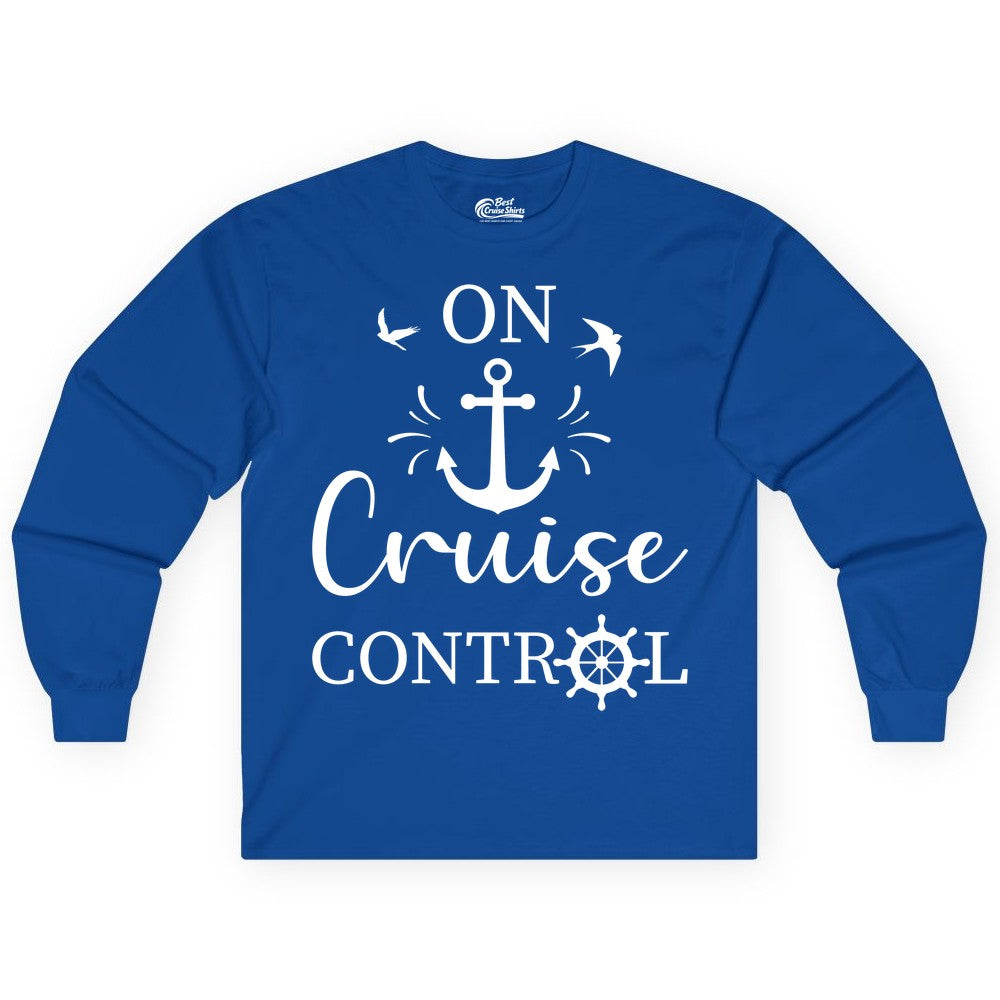 On Cruise Control Shirt - Nautical Apparel for Cruise Vacation (Long Sleeve) in Royal - On Cruise Control Nautical Anchor and Birds Vacation Shirt Design