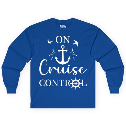 On Cruise Control Shirt - Nautical Apparel for Cruise Vacation (Long Sleeve) in Royal - On Cruise Control Nautical Anchor and Birds Vacation Shirt Design