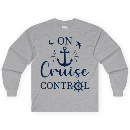 On Cruise Control Shirt - Nautical Apparel for Cruise Vacation (Long Sleeve) in Sport Grey - On Cruise Control Nautical Anchor and Birds Vacation Shirt Design