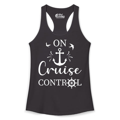 On Cruise Control Shirt - Nautical Apparel for Cruise Vacation (Ladies Tank) in Black - On Cruise Control Nautical Anchor and Birds Vacation Shirt Design