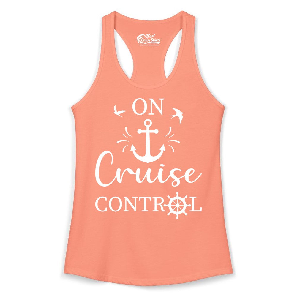 On Cruise Control Shirt - Nautical Apparel for Cruise Vacation (Ladies Tank) in Solid Light Orange - On Cruise Control Nautical Anchor and Birds Vacation Shirt Design