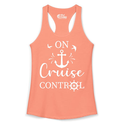 On Cruise Control Shirt - Nautical Apparel for Cruise Vacation (Ladies Tank) in Solid Light Orange - On Cruise Control Nautical Anchor and Birds Vacation Shirt Design