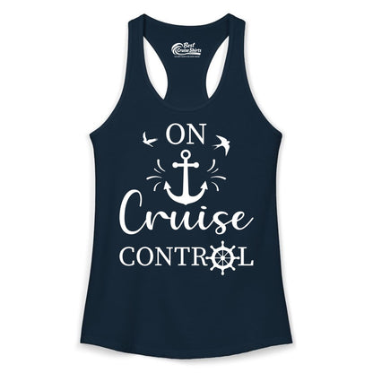On Cruise Control Shirt - Nautical Apparel for Cruise Vacation (Ladies Tank) in Solid Midnight Navy - On Cruise Control Nautical Anchor and Birds Vacation Shirt Design