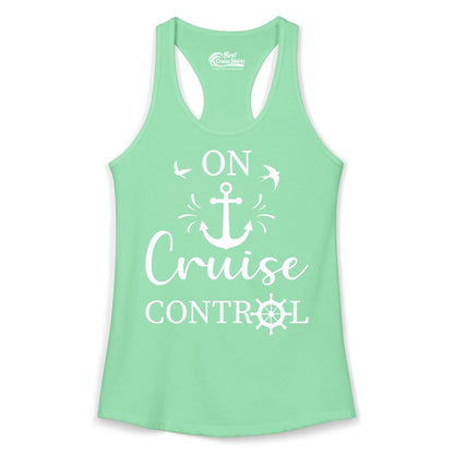 On Cruise Control Shirt - Nautical Apparel for Cruise Vacation (Ladies Tank) in Solid Mint - On Cruise Control Nautical Anchor and Birds Vacation Shirt Design