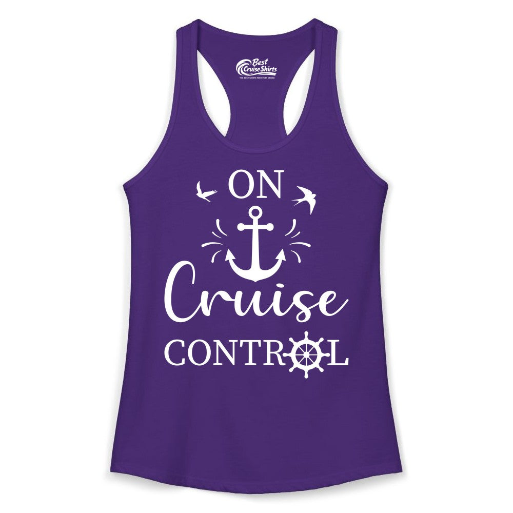 On Cruise Control Shirt - Nautical Apparel for Cruise Vacation (Ladies Tank) in Solid Purple Rush - On Cruise Control Nautical Anchor and Birds Vacation Shirt Design