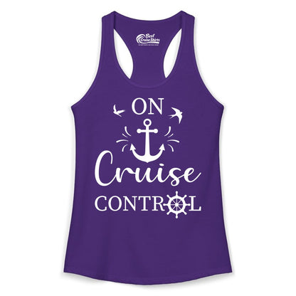 On Cruise Control Shirt - Nautical Apparel for Cruise Vacation (Ladies Tank) in Solid Purple Rush - On Cruise Control Nautical Anchor and Birds Vacation Shirt Design