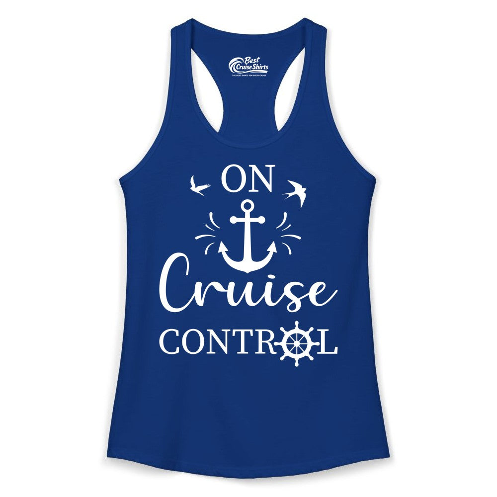 On Cruise Control Shirt - Nautical Apparel for Cruise Vacation (Ladies Tank) in Solid Royal - On Cruise Control Nautical Anchor and Birds Vacation Shirt Design