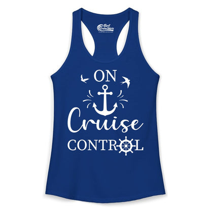 On Cruise Control Shirt - Nautical Apparel for Cruise Vacation (Ladies Tank) in Solid Royal - On Cruise Control Nautical Anchor and Birds Vacation Shirt Design