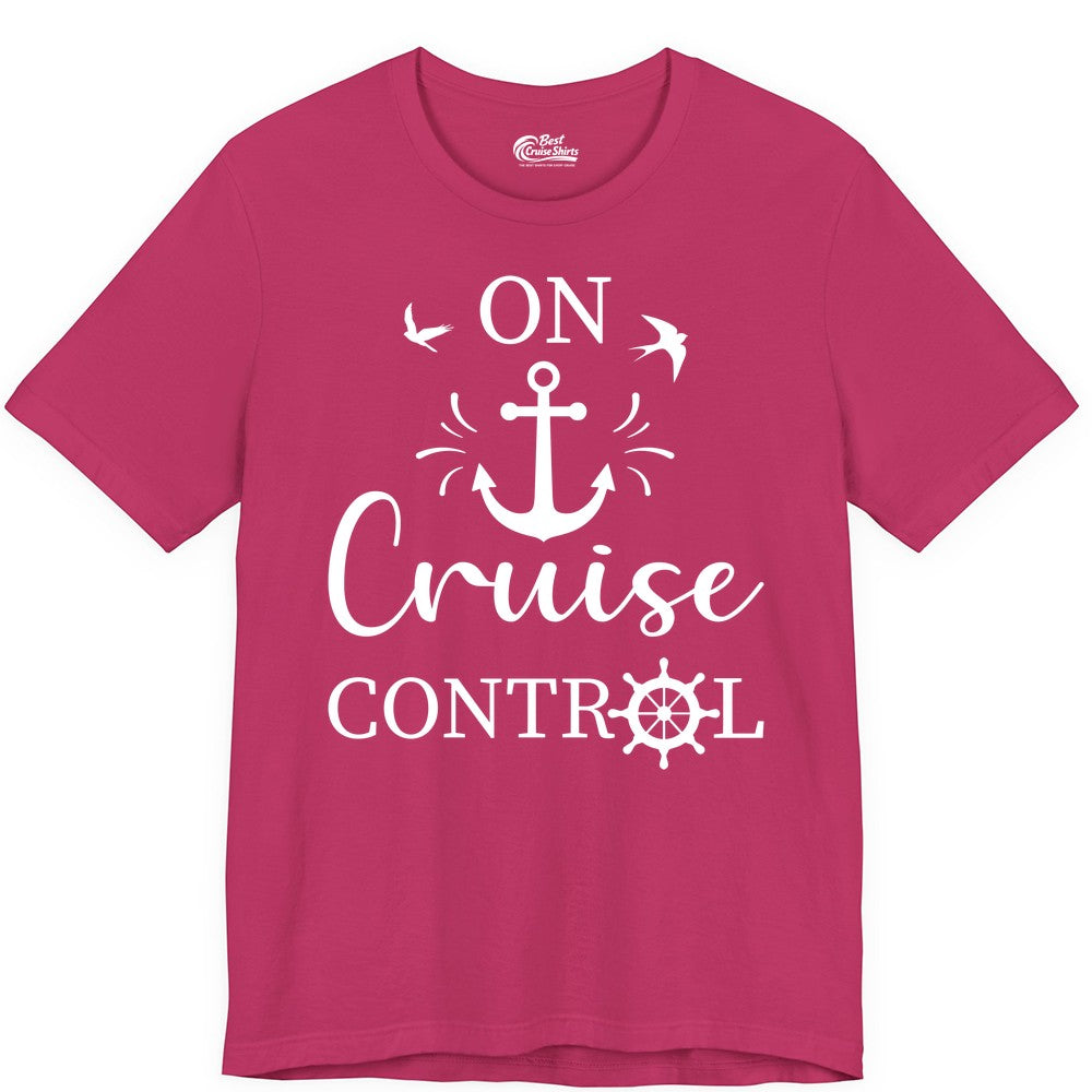 On Cruise Control Shirt - Nautical Apparel for Cruise Vacation (Premium Tee) in Berry - On Cruise Control Nautical Anchor and Birds Vacation Shirt Design