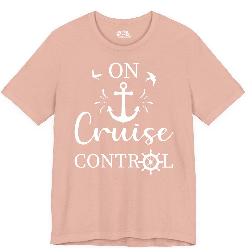 On Cruise Control Shirt - Nautical Apparel for Cruise Vacation (Premium Tee) in Peach - On Cruise Control Nautical Anchor and Birds Vacation Shirt Design