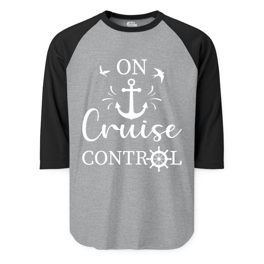 On Cruise Control Shirt - Nautical Apparel for Cruise Vacation (Raglan) in Heather GreyBlack - On Cruise Control Nautical Anchor and Birds Vacation Shirt Design