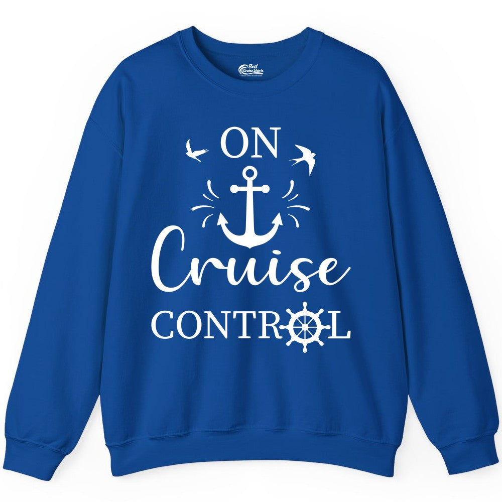 On Cruise Control Shirt - Nautical Apparel for Cruise Vacation (Sweatshirt) in Royal - On Cruise Control Nautical Anchor and Birds Vacation Shirt Design