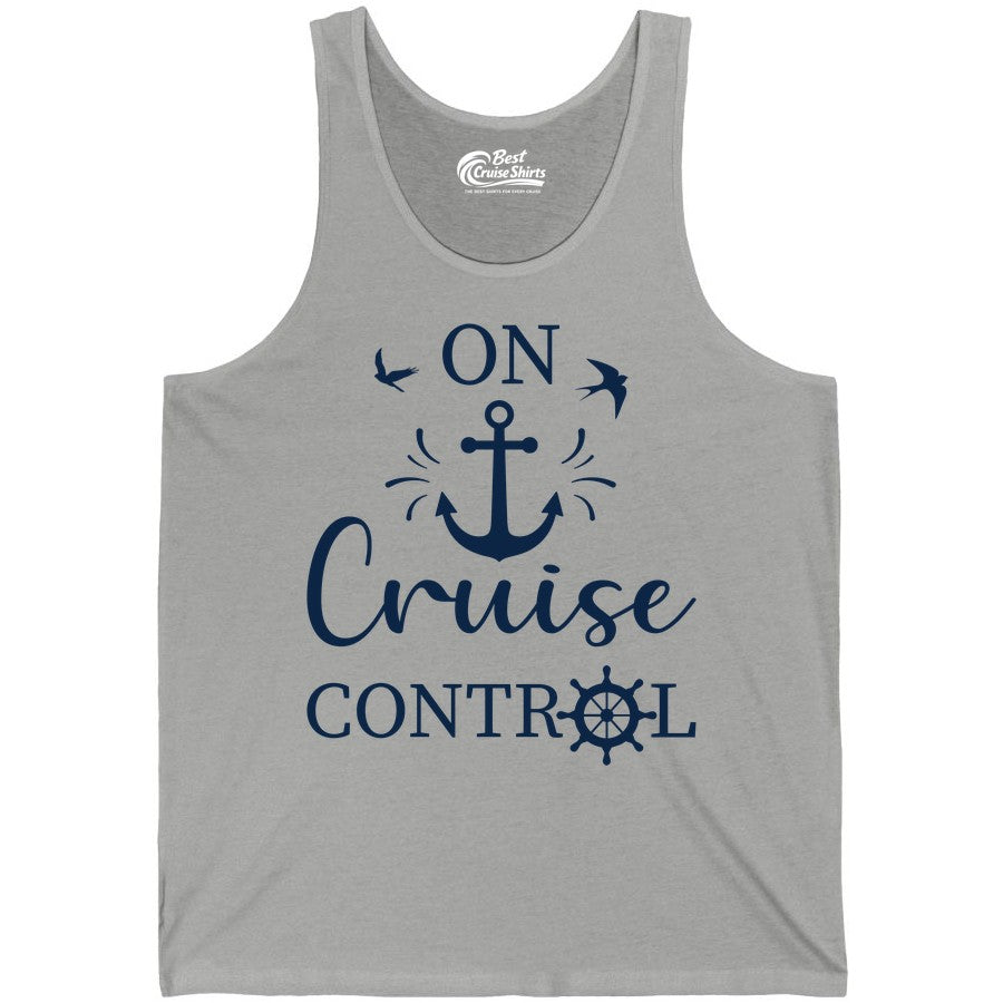 On Cruise Control Shirt - Nautical Apparel for Cruise Vacation (Tank Top) in Athletic Heather - On Cruise Control Nautical Anchor and Birds Vacation Shirt Design