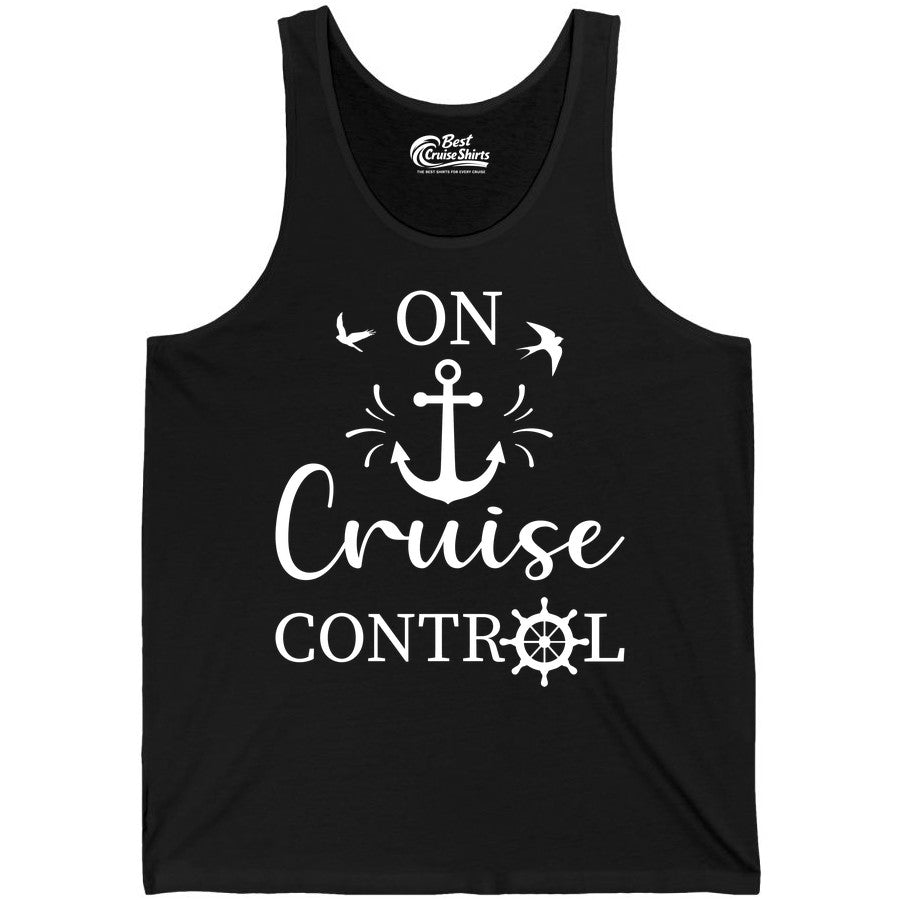 On Cruise Control Shirt - Nautical Apparel for Cruise Vacation (Tank Top) in Black - On Cruise Control Nautical Anchor and Birds Vacation Shirt Design