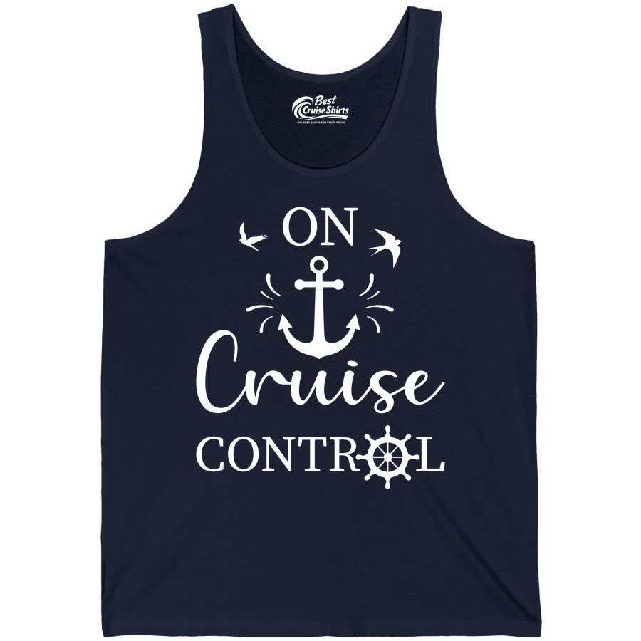 On Cruise Control Shirt - Nautical Apparel for Cruise Vacation (Tank Top) in Navy - On Cruise Control Nautical Anchor and Birds Vacation Shirt Design