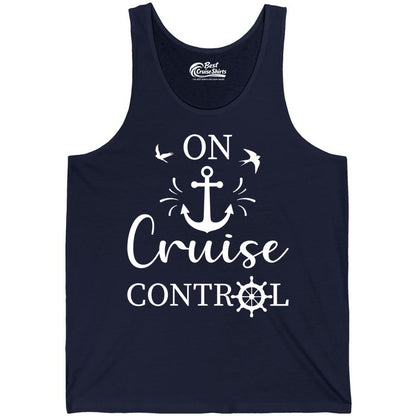 On Cruise Control Shirt - Nautical Apparel for Cruise Vacation (Tank Top) in Navy - On Cruise Control Nautical Anchor and Birds Vacation Shirt Design