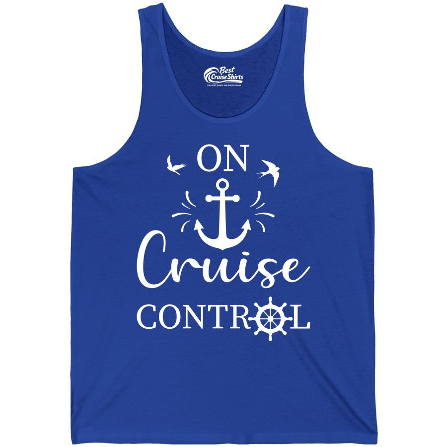 On Cruise Control Shirt - Nautical Apparel for Cruise Vacation (Tank Top) in True Royal - On Cruise Control Nautical Anchor and Birds Vacation Shirt Design