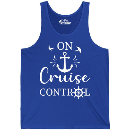 On Cruise Control Shirt - Nautical Apparel for Cruise Vacation (Tank Top) in True Royal - On Cruise Control Nautical Anchor and Birds Vacation Shirt Design