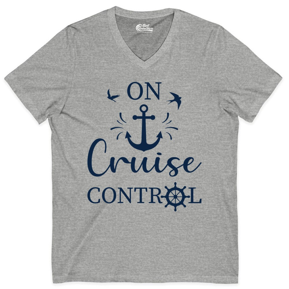 On Cruise Control Shirt - Nautical Apparel for Cruise Vacation (V-Neck) in Athletic Heather - On Cruise Control Nautical Anchor and Birds Vacation Shirt Design