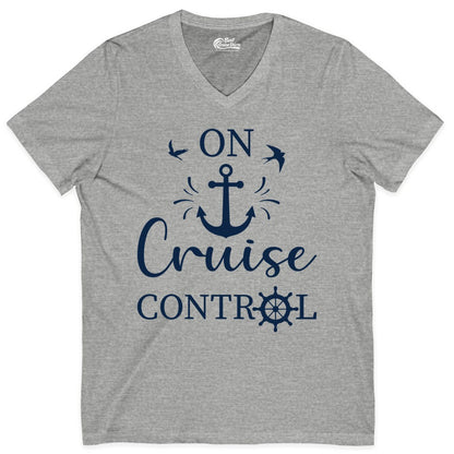 On Cruise Control Shirt - Nautical Apparel for Cruise Vacation (V-Neck) in Athletic Heather - On Cruise Control Nautical Anchor and Birds Vacation Shirt Design