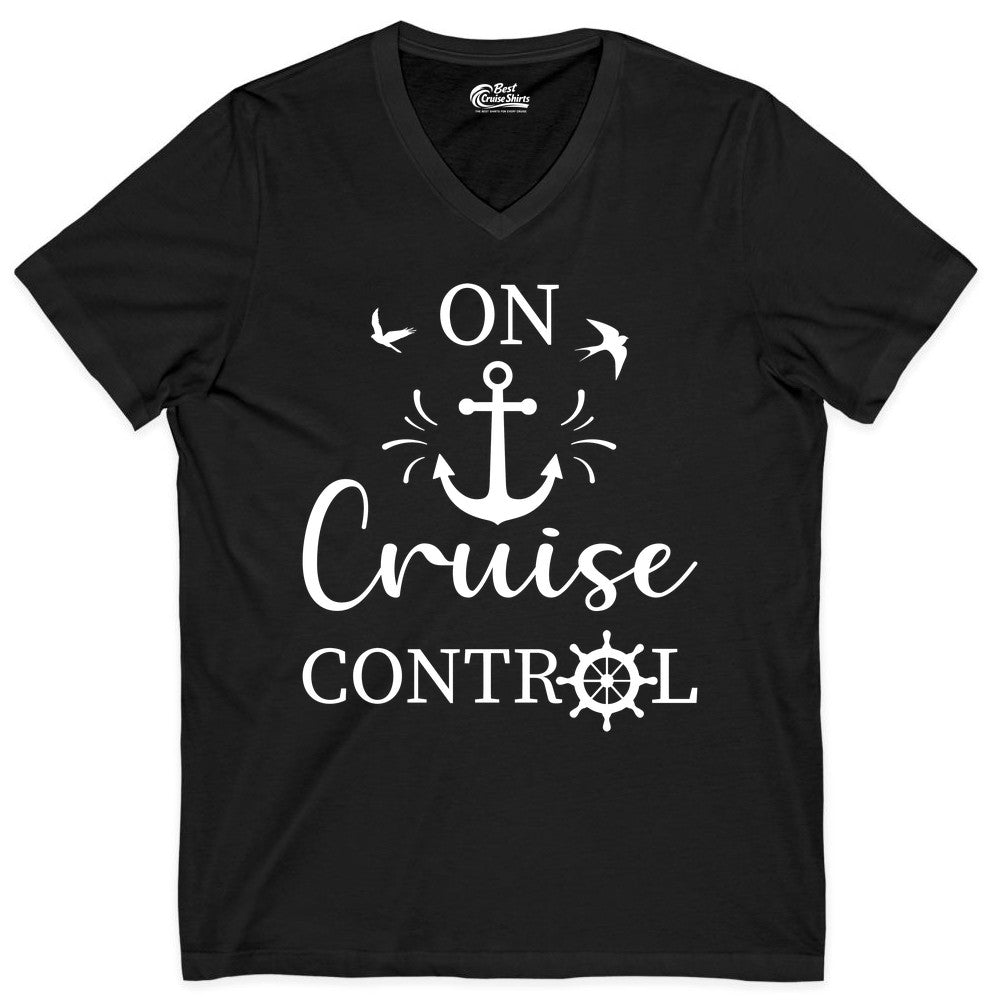 On Cruise Control Shirt - Nautical Apparel for Cruise Vacation (V-Neck) in Black - On Cruise Control Nautical Anchor and Birds Vacation Shirt Design