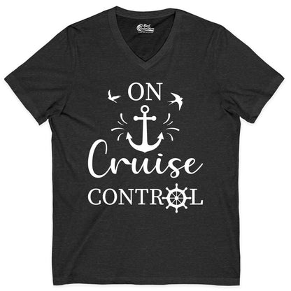 On Cruise Control Shirt - Nautical Apparel for Cruise Vacation (V-Neck) in Dark Grey Heather - On Cruise Control Nautical Anchor and Birds Vacation Shirt Design