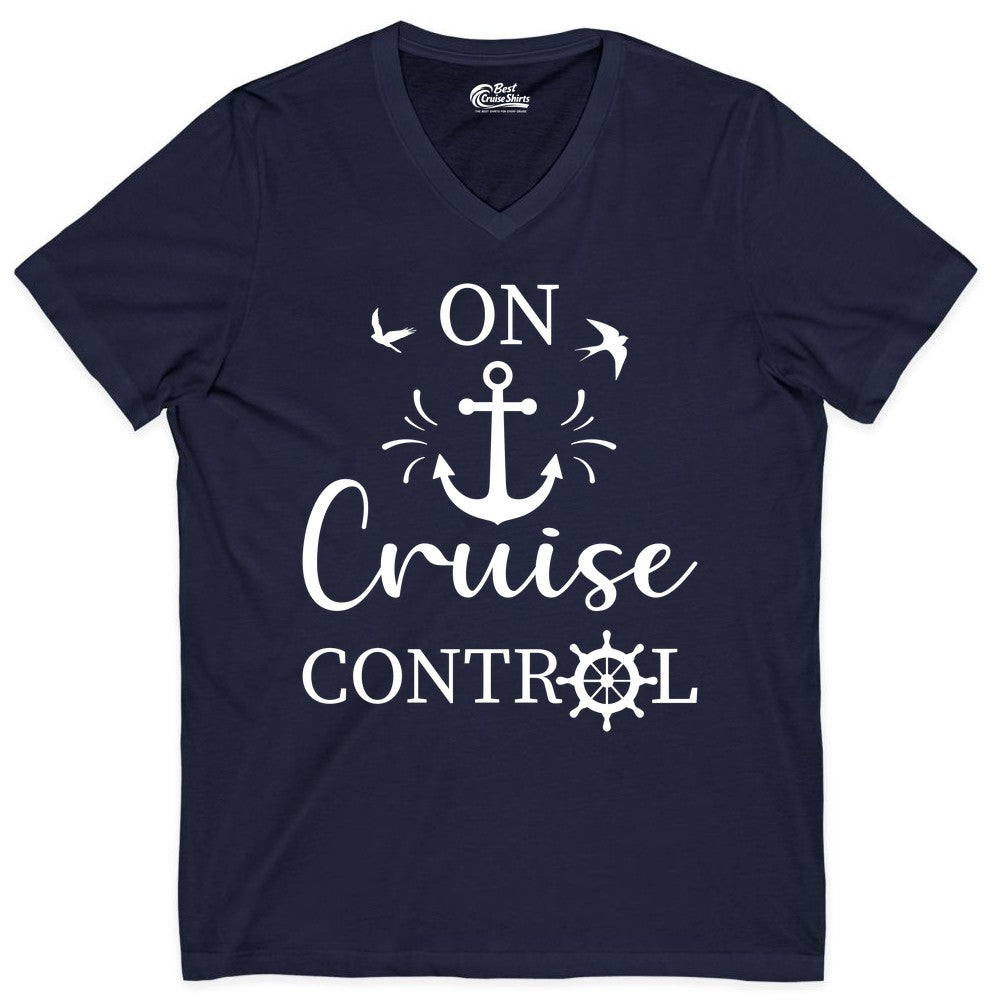 On Cruise Control Shirt - Nautical Apparel for Cruise Vacation (V-Neck) in Navy - On Cruise Control Nautical Anchor and Birds Vacation Shirt Design