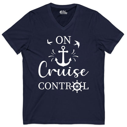 On Cruise Control Shirt - Nautical Apparel for Cruise Vacation (V-Neck) in Navy - On Cruise Control Nautical Anchor and Birds Vacation Shirt Design