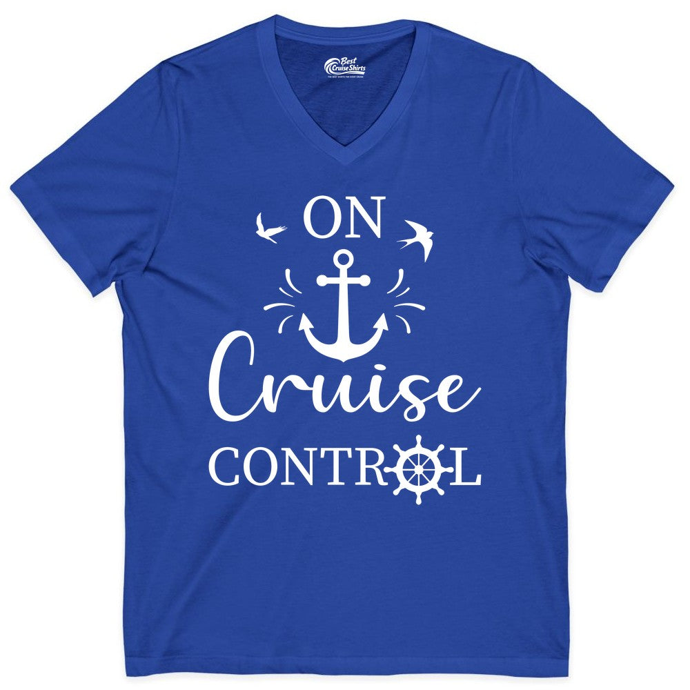 On Cruise Control Shirt - Nautical Apparel for Cruise Vacation (V-Neck) in True Royal - On Cruise Control Nautical Anchor and Birds Vacation Shirt Design