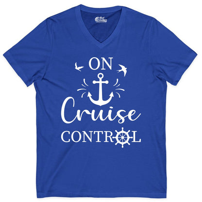 On Cruise Control Shirt - Nautical Apparel for Cruise Vacation (V-Neck) in True Royal - On Cruise Control Nautical Anchor and Birds Vacation Shirt Design