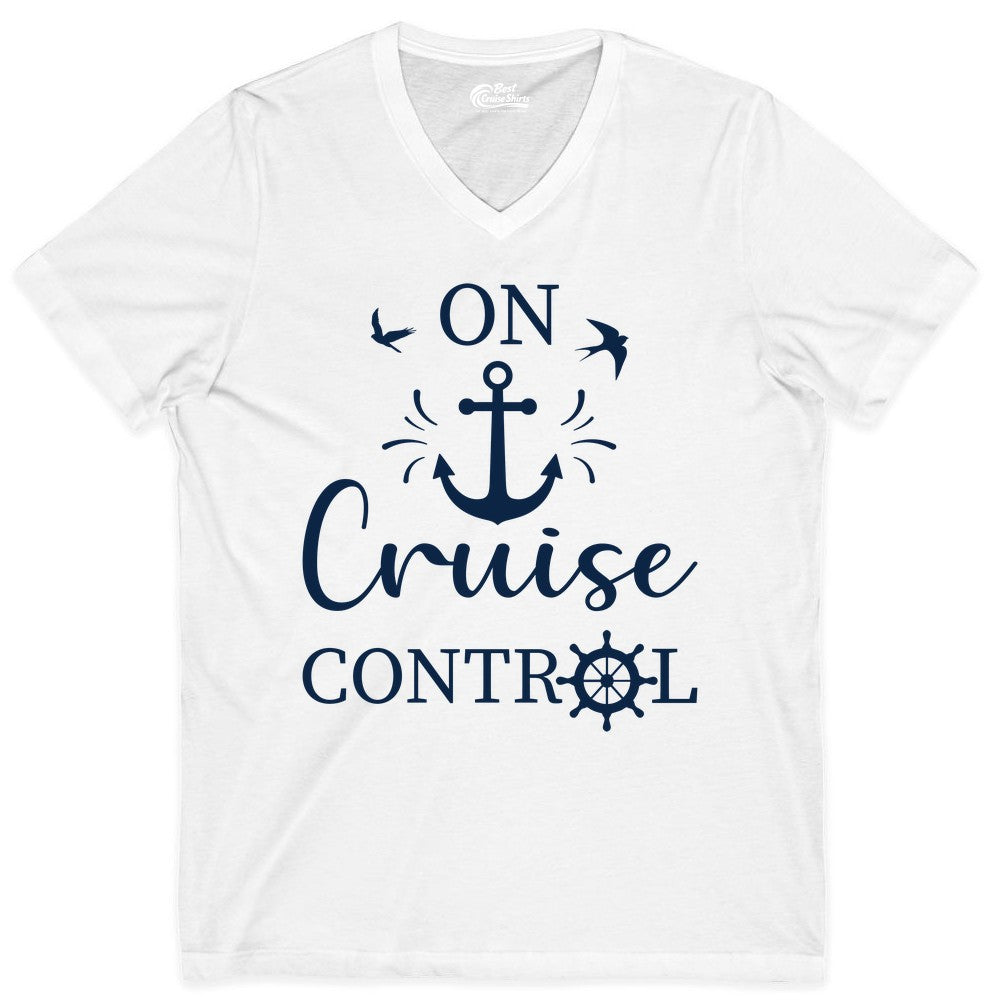 On Cruise Control Shirt - Nautical Apparel for Cruise Vacation (V-Neck) in White - On Cruise Control Nautical Anchor and Birds Vacation Shirt Design