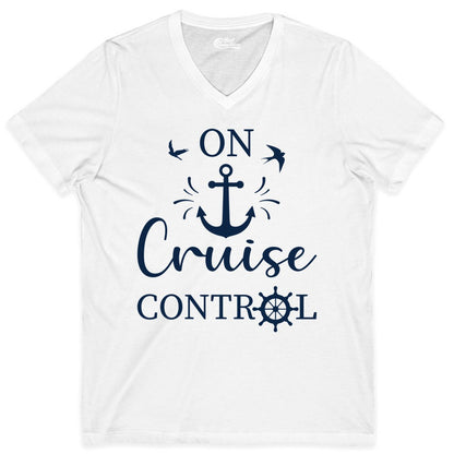 On Cruise Control Shirt - Nautical Apparel for Cruise Vacation (V-Neck) in White - On Cruise Control Nautical Anchor and Birds Vacation Shirt Design