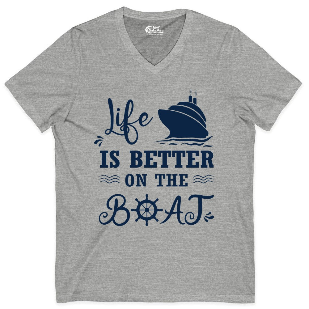Life is Better on the Boat Shirt - Nautical Apparel for Cruises (V-Neck) in Athletic Heather - Life Is Better On The Boat Nautical Cruise Ship Shirt