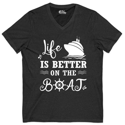 Life is Better on the Boat Shirt - Nautical Apparel for Cruises (V-Neck) in Dark Grey Heather - Life Is Better On The Boat Nautical Cruise Ship Shirt
