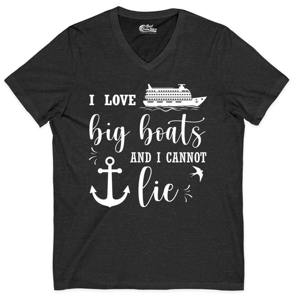 Funny Cruise Shirt - Nautical Big Boats Shirt for Cruise Lovers (V-Neck) in Dark Grey Heather - I Love Big Boats And I Cannot Lie Funny Cruise Shirt Nautical Anchor