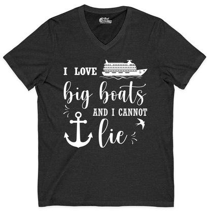 Funny Cruise Shirt - Nautical Big Boats Shirt for Cruise Lovers (V-Neck) in Dark Grey Heather - I Love Big Boats And I Cannot Lie Funny Cruise Shirt Nautical Anchor