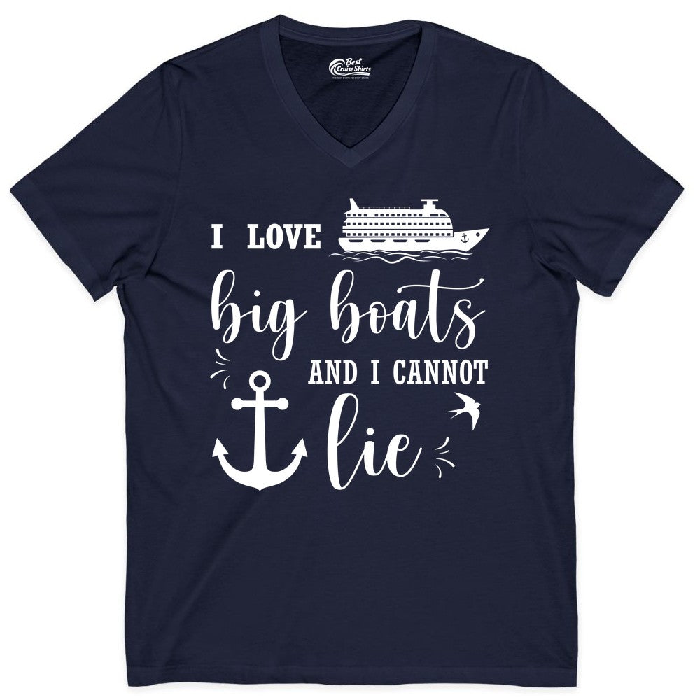 Funny Cruise Shirt - Nautical Big Boats Shirt for Cruise Lovers (V-Neck) in Navy - I Love Big Boats And I Cannot Lie Funny Cruise Shirt Nautical Anchor